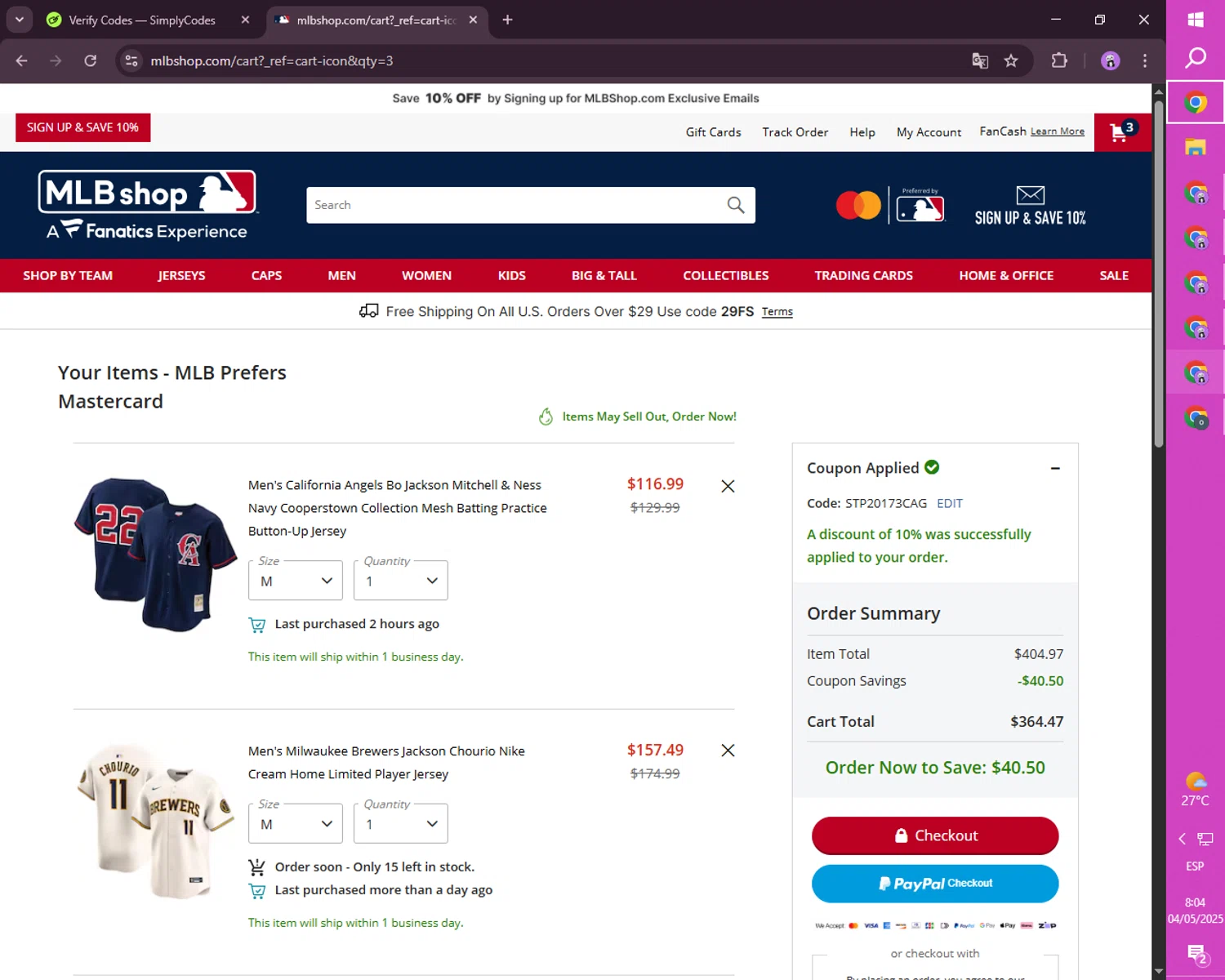 Boston Red Sox promo code screenshot showing code STP20173CAG applied at Boston Red Sox checkout page. Uploaded by SimplyCodes community member FortunateScholar4524 on May 4, 2025