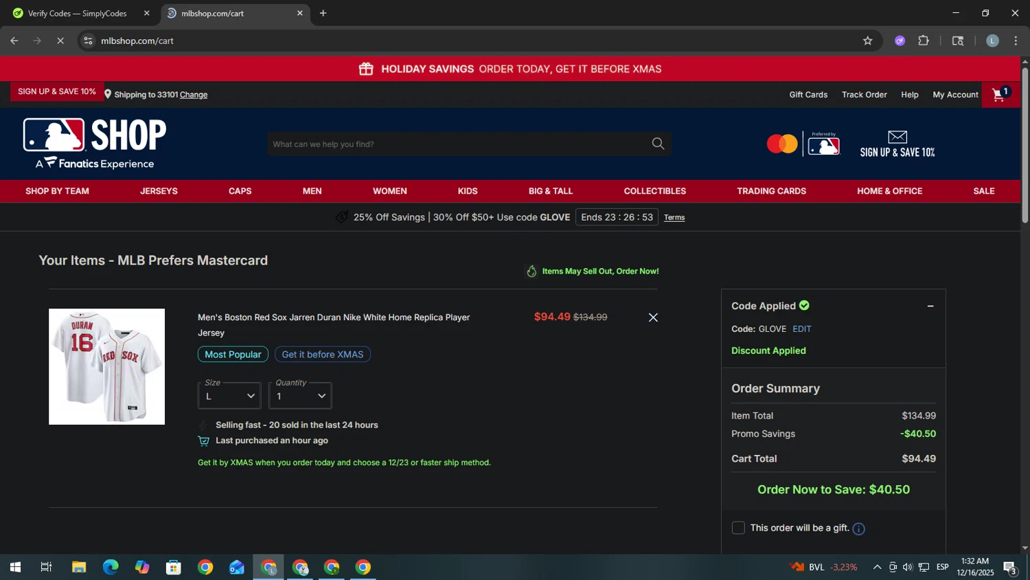 Boston Red Sox checkout page showing Boston Red Sox promo code box | Screenshot taken by SimplyCodes community member on Dec 16, 2025