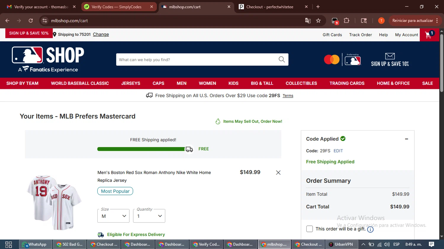 Boston Red Sox checkout page showing Boston Red Sox promo code box | Screenshot taken by SimplyCodes community member on Jan 31, 2026