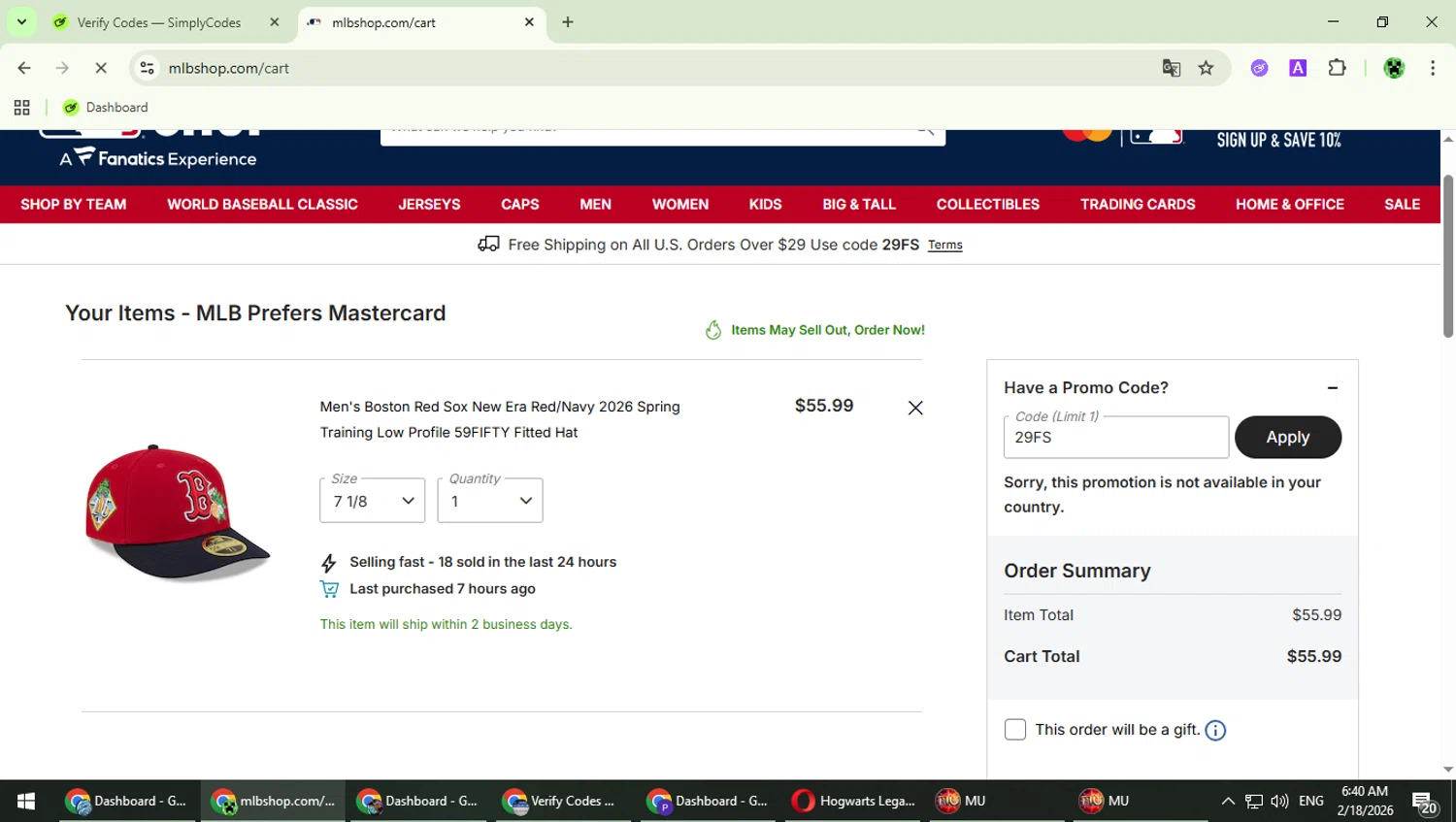 Boston Red Sox checkout page showing Boston Red Sox promo code box | Screenshot taken by SimplyCodes community member on Feb 18, 2026