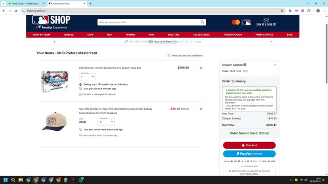 Boston Red Sox checkout page showing Boston Red Sox promo code box | Screenshot taken by SimplyCodes community member on Oct 2, 2025