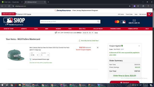 Boston Red Sox checkout page showing Boston Red Sox promo code box | Screenshot taken by SimplyCodes community member on Sep 10, 2025