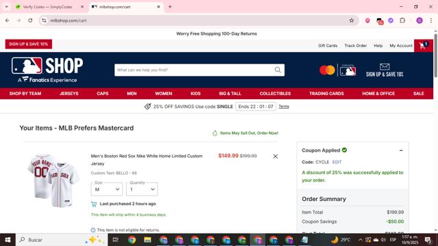 Boston Red Sox checkout page showing Boston Red Sox promo code box | Screenshot taken by SimplyCodes community member on Sep 10, 2025