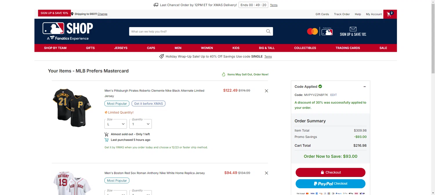 Boston Red Sox promo code screenshot showing code MVPYVZ2N8P7K applied at Boston Red Sox checkout page. Uploaded by SimplyCodes community member CrownWhiz8114 on Dec 22, 2025