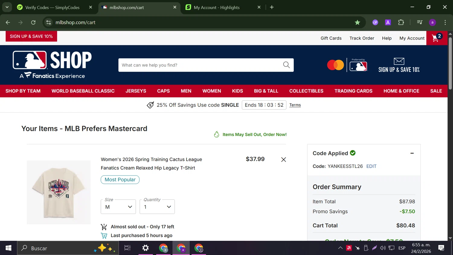 Boston Red Sox promo code screenshot showing code YANKEESSTL26 applied at Boston Red Sox checkout page. Uploaded by SimplyCodes community member Frizk_1 on Feb 24, 2026
