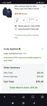 Boston Red Sox coupon verification screenshot