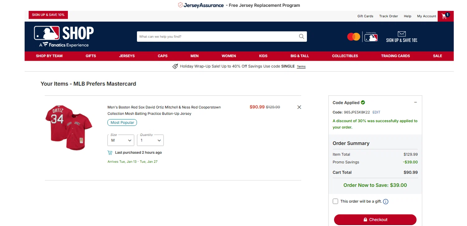 Boston Red Sox promo code screenshot showing code 965JPE5K8K22 applied at Boston Red Sox checkout page. Uploaded by SimplyCodes community member OnlywM on Dec 26, 2025