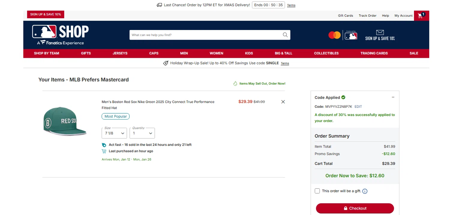 Boston Red Sox promo code screenshot showing code MVPYVZ2N8P7K applied at Boston Red Sox checkout page. Uploaded by SimplyCodes community member OnlywM on Dec 22, 2025