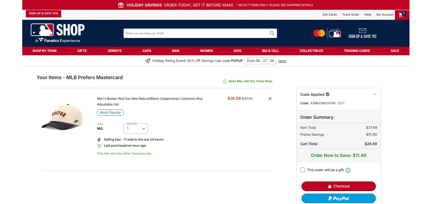 Boston Red Sox promo code screenshot showing code X36BZ5MZ5YG9 applied at Boston Red Sox checkout page. Uploaded by SimplyCodes community member OnlywM on Dec 18, 2025