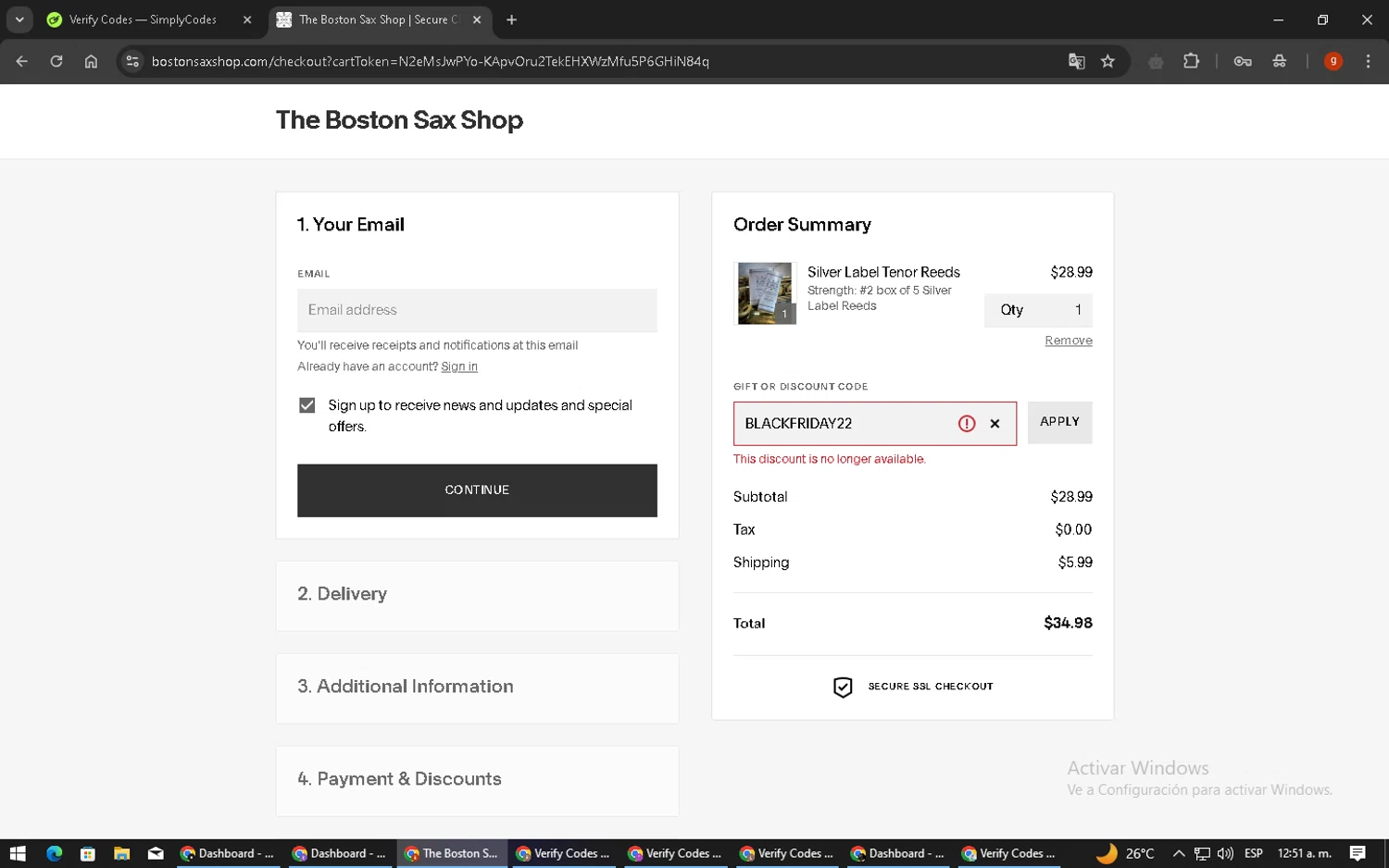The Boston Sax Shop promo code screenshot showing code BLACKFRIDAY22 applied at The Boston Sax Shop checkout page. Uploaded by SimplyCodes community member ExtraordinaryVirtuoso6801 on Jan 13, 2025