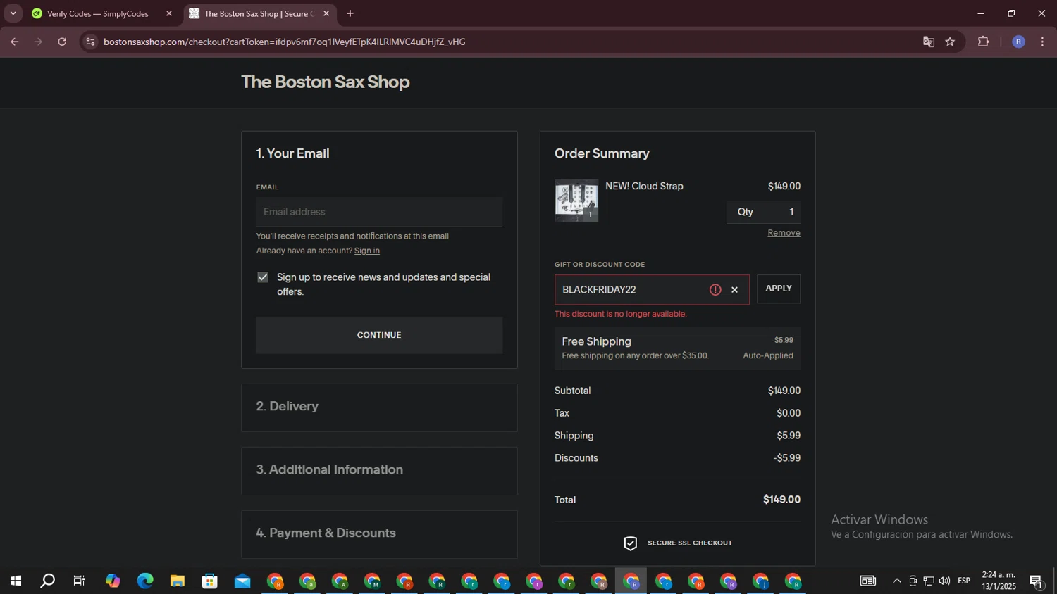 The Boston Sax Shop promo code screenshot showing code BLACKFRIDAY22 applied at The Boston Sax Shop checkout page. Uploaded by SimplyCodes community member ExtraordinarySaver3260 on Jan 13, 2025