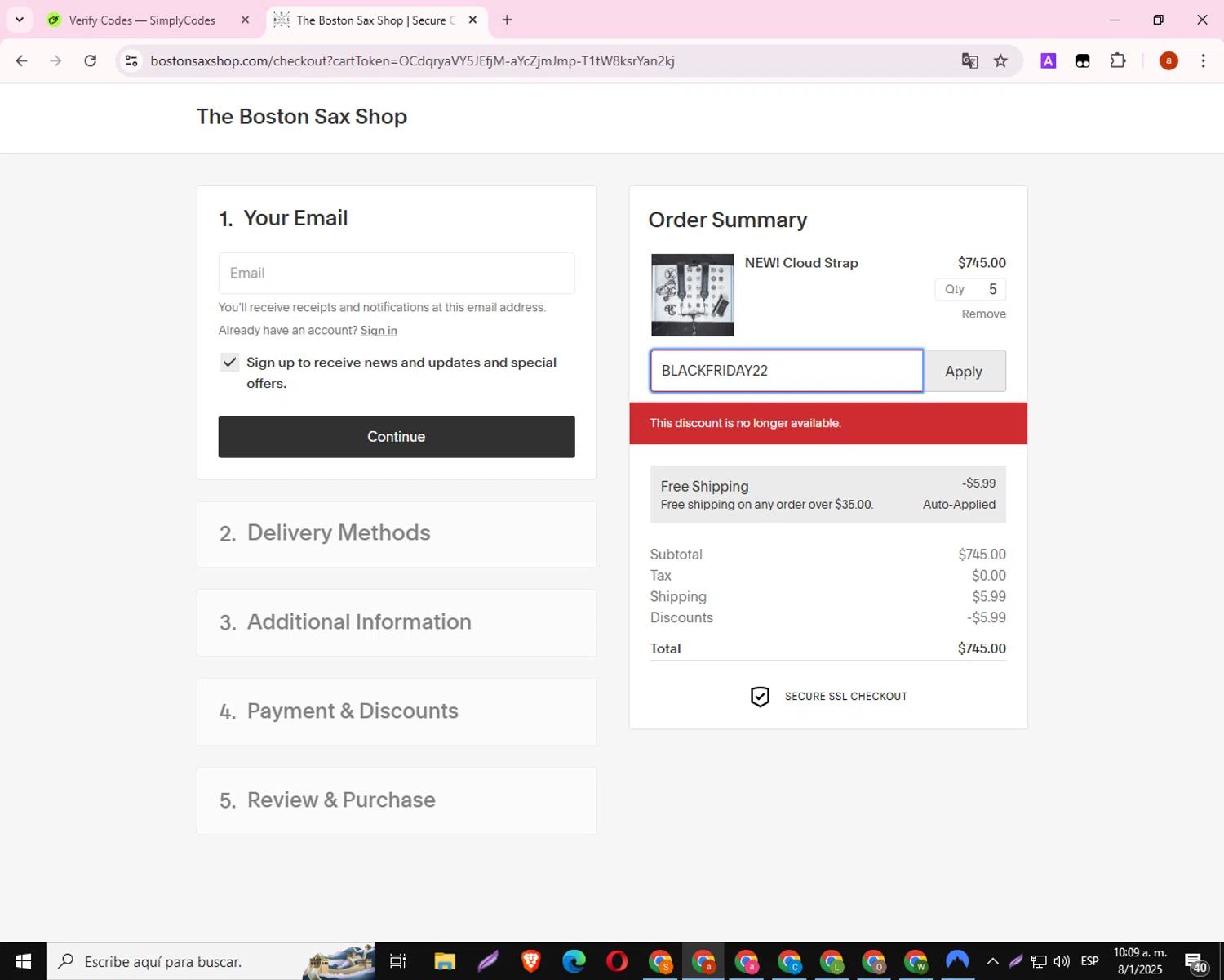 The Boston Sax Shop checkout page showing The Boston Sax Shop promo code box | Screenshot taken by SimplyCodes community member on Jan 8, 2025