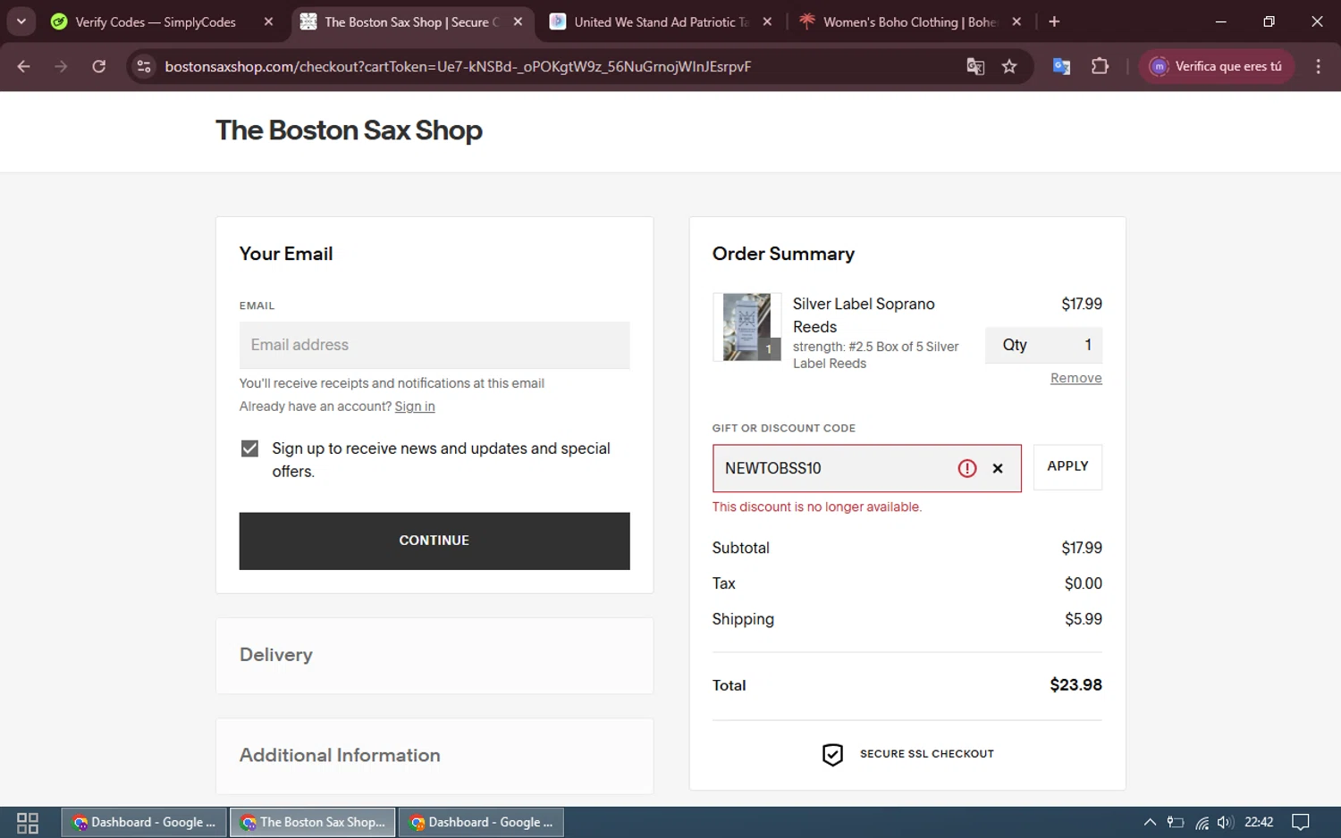 The Boston Sax Shop promo code screenshot showing code NEWTOBSS10 applied at The Boston Sax Shop checkout page. Uploaded by SimplyCodes community member WiseCurator3690 on Feb 17, 2025