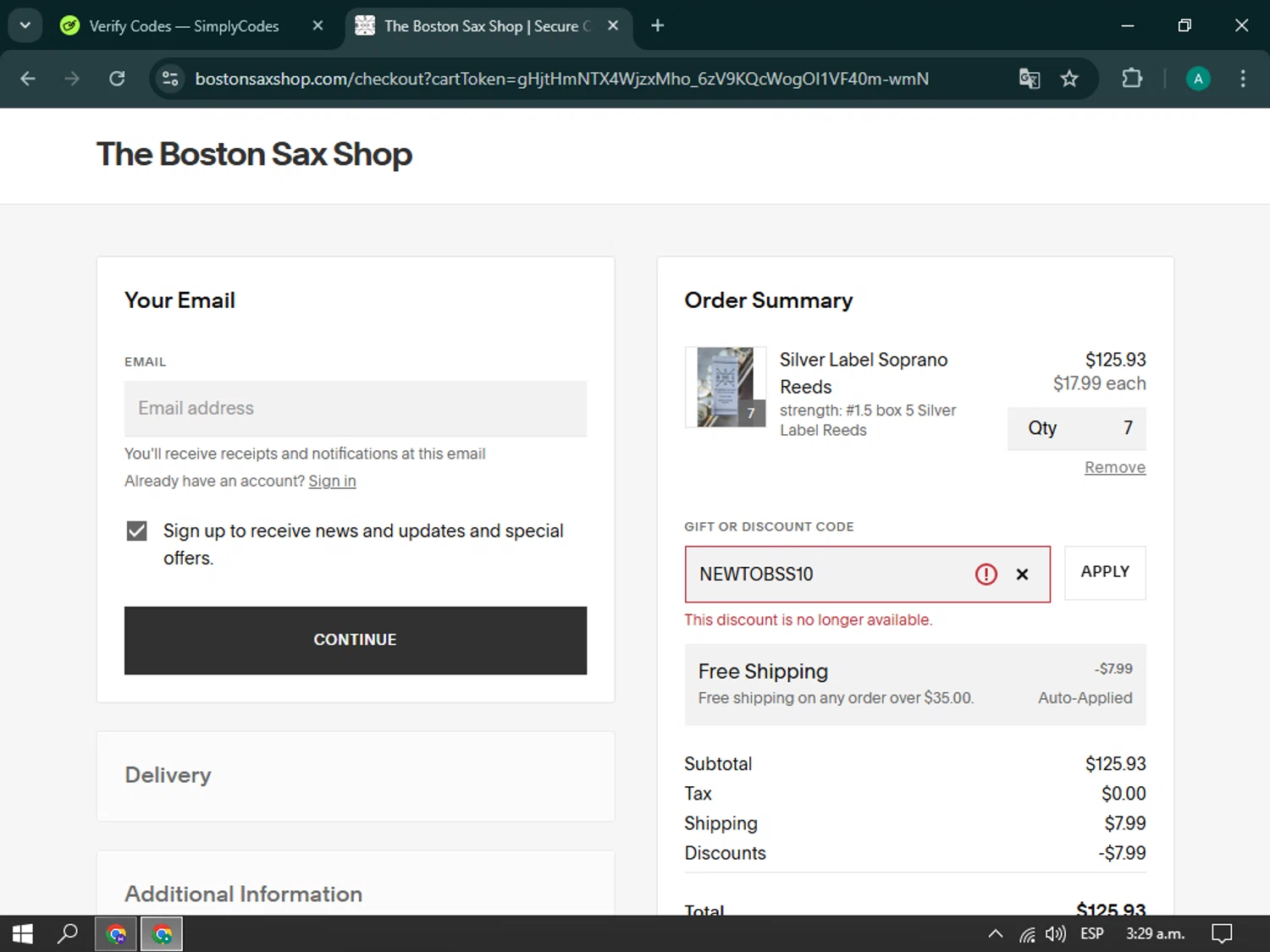 The Boston Sax Shop promo code screenshot showing code NEWTOBSS10 applied at The Boston Sax Shop checkout page. Uploaded by SimplyCodes community member brianoconner on Apr 11, 2025