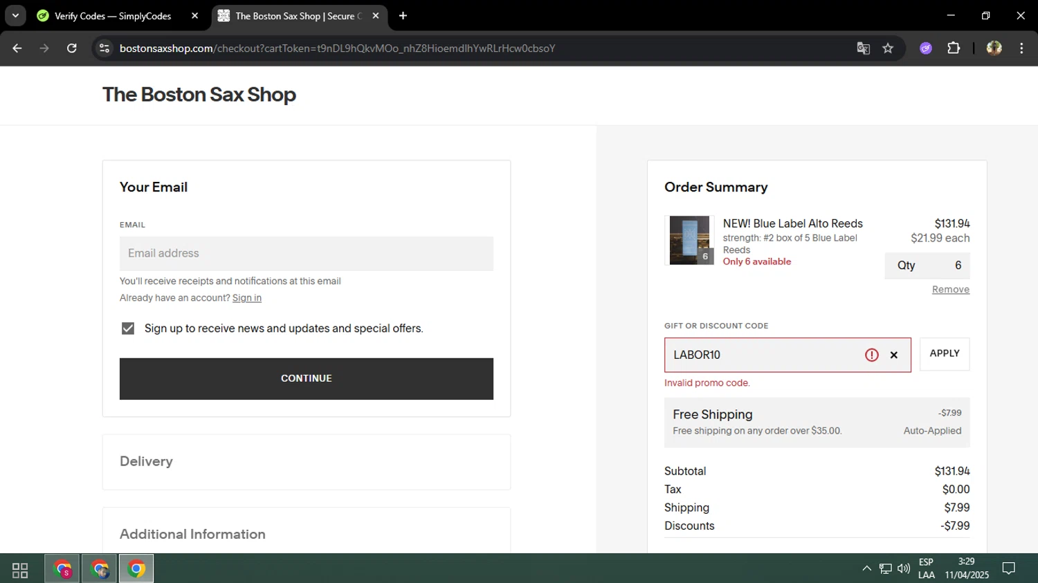 The Boston Sax Shop promo code screenshot showing code LABOR10 applied at The Boston Sax Shop checkout page. Uploaded by SimplyCodes community member ELVERDEDESAMP on Apr 11, 2025
