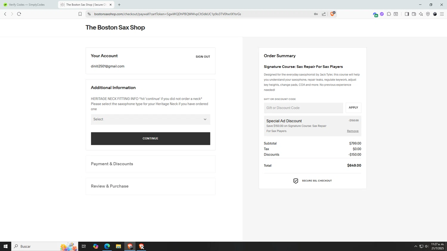 The Boston Sax Shop promo code screenshot showing code SAXREPAIR applied at The Boston Sax Shop checkout page. Uploaded by SimplyCodes community member AnthonyGTX on Jul 21, 2025