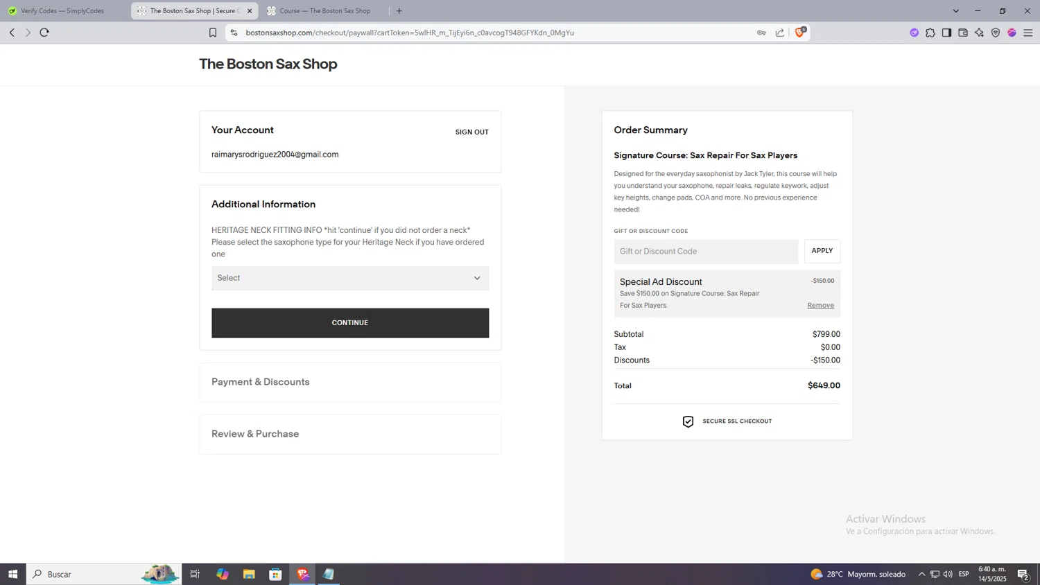 The Boston Sax Shop checkout page showing The Boston Sax Shop promo code box | Screenshot taken by SimplyCodes community member on May 14, 2025