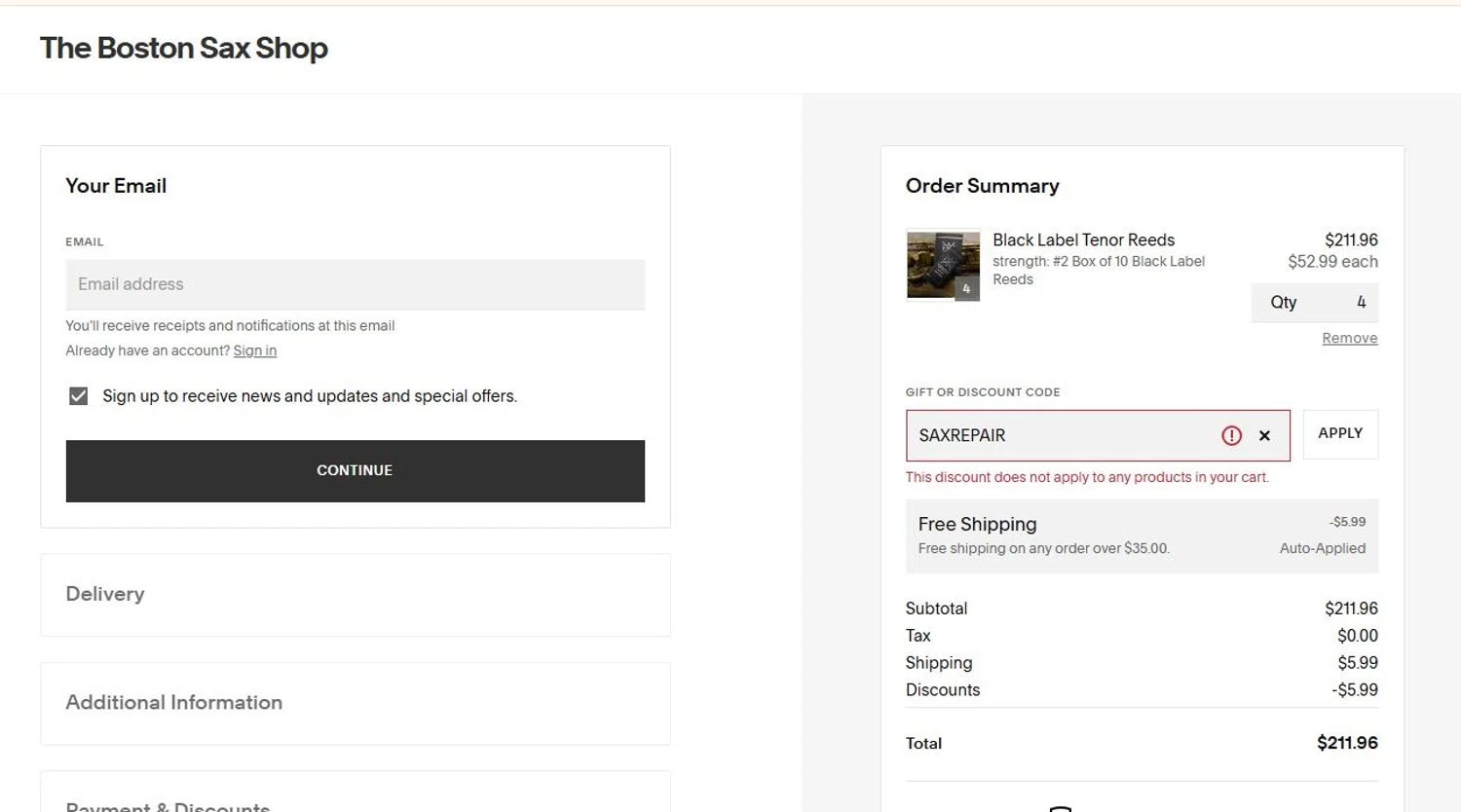The Boston Sax Shop promo code screenshot showing code SAXREPAIR applied at The Boston Sax Shop checkout page. Uploaded by SimplyCodes community member Marianadelanoche on Jul 21, 2025