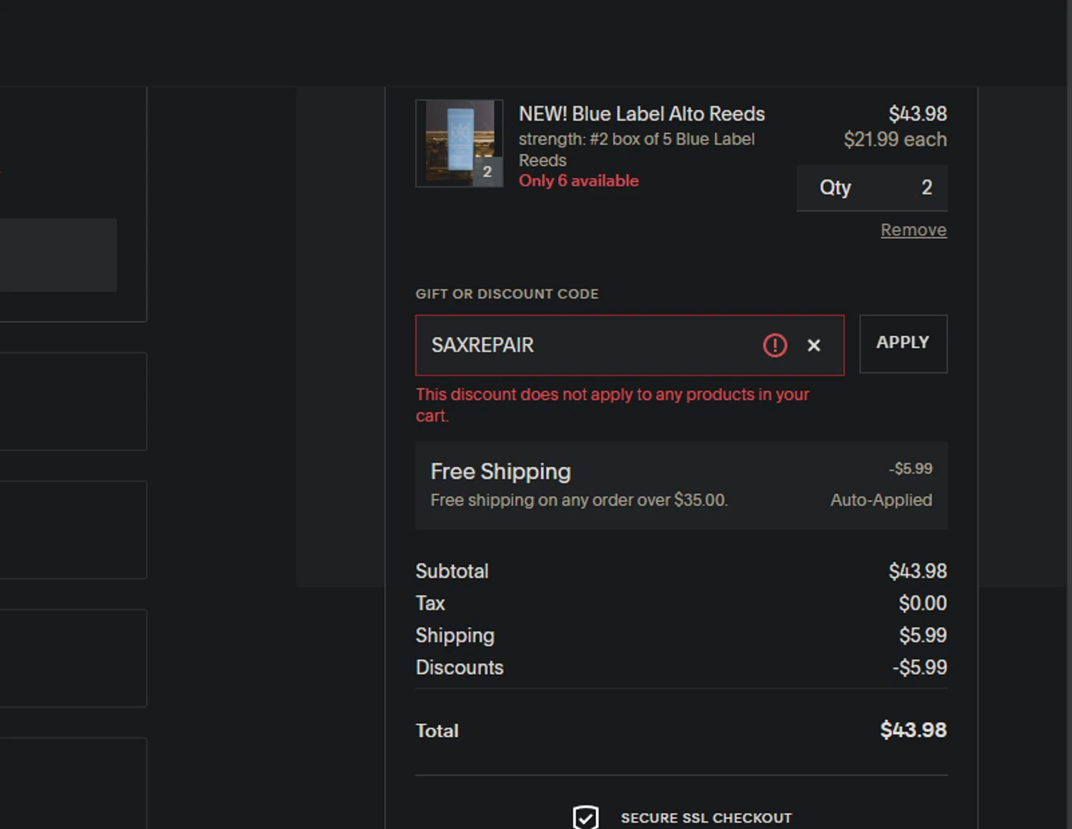 The Boston Sax Shop checkout page showing The Boston Sax Shop promo code box | Screenshot taken by SimplyCodes community member on Apr 15, 2025
