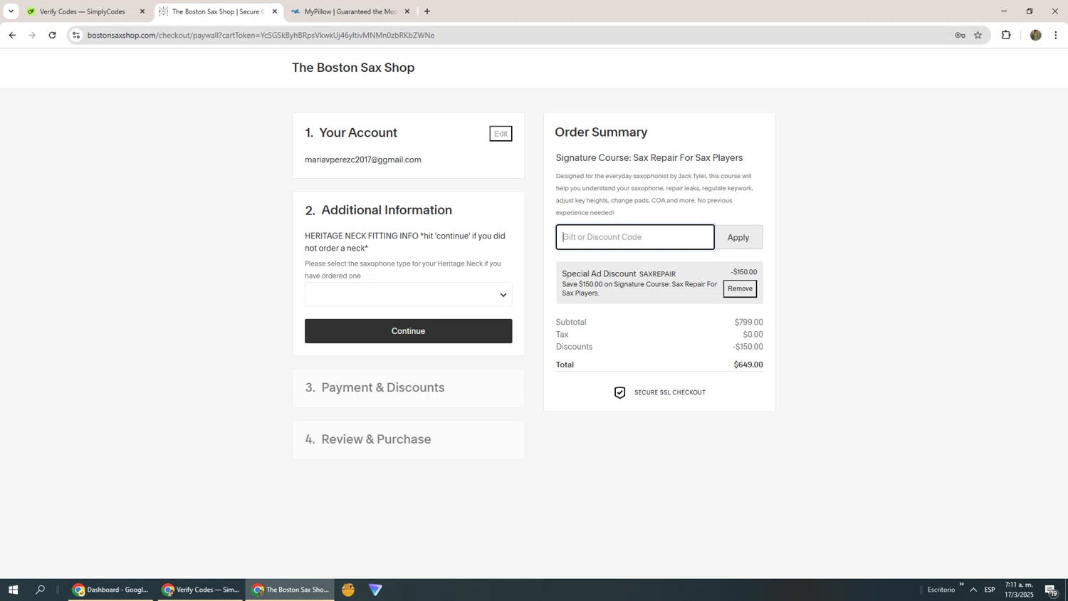 The Boston Sax Shop checkout page showing The Boston Sax Shop promo code box | Screenshot taken by SimplyCodes community member on Mar 17, 2025