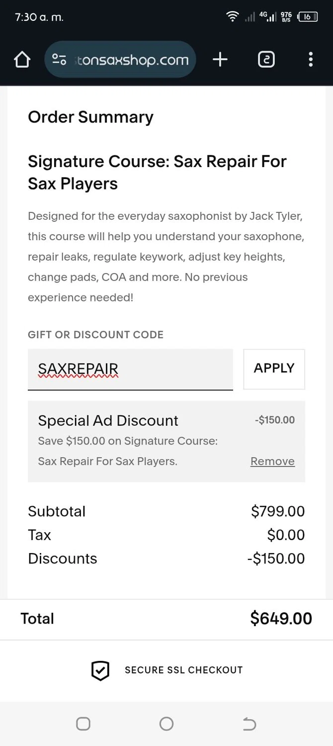 The Boston Sax Shop checkout page showing The Boston Sax Shop promo code box | Screenshot taken by SimplyCodes community member on Apr 15, 2025