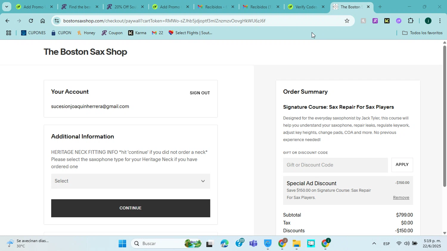 The Boston Sax Shop promo code screenshot showing code SAXREPAIR applied at The Boston Sax Shop checkout page. Uploaded by SimplyCodes community member jorgejavierherrera on Jun 22, 2025