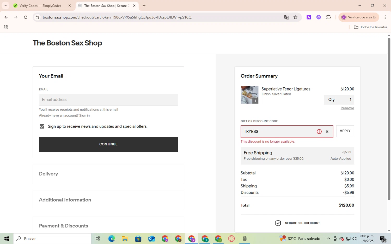 The Boston Sax Shop promo code screenshot showing code TRYBSS applied at The Boston Sax Shop checkout page. Uploaded by SimplyCodes community member Andygar on Aug 1, 2025