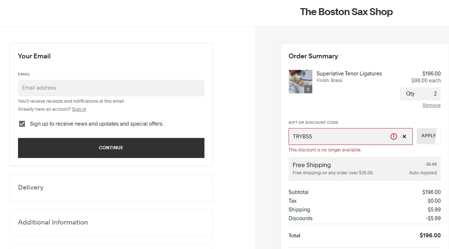 The Boston Sax Shop promo code screenshot showing code TRYBSS applied at The Boston Sax Shop checkout page. Uploaded by SimplyCodes community member ArgyArgy on Aug 1, 2025