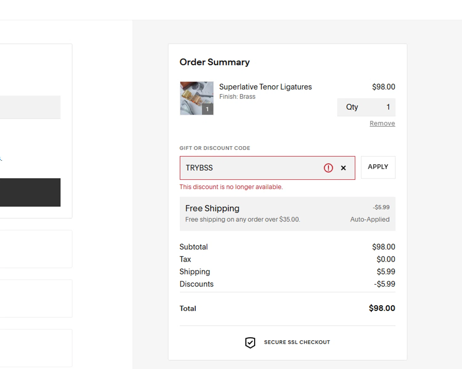 The Boston Sax Shop promo code screenshot showing code TRYBSS applied at The Boston Sax Shop checkout page. Uploaded by SimplyCodes community member QuestSentinel5438 on Aug 1, 2025