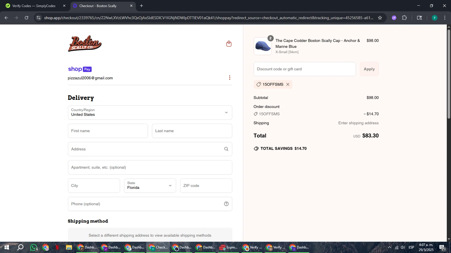 Boston Scally discount code screenshot showing code 15OFFSMS applied at Boston Scally checkout page. Uploaded by SimplyCodes community member FrugalCaptain6906 on May 29, 2025