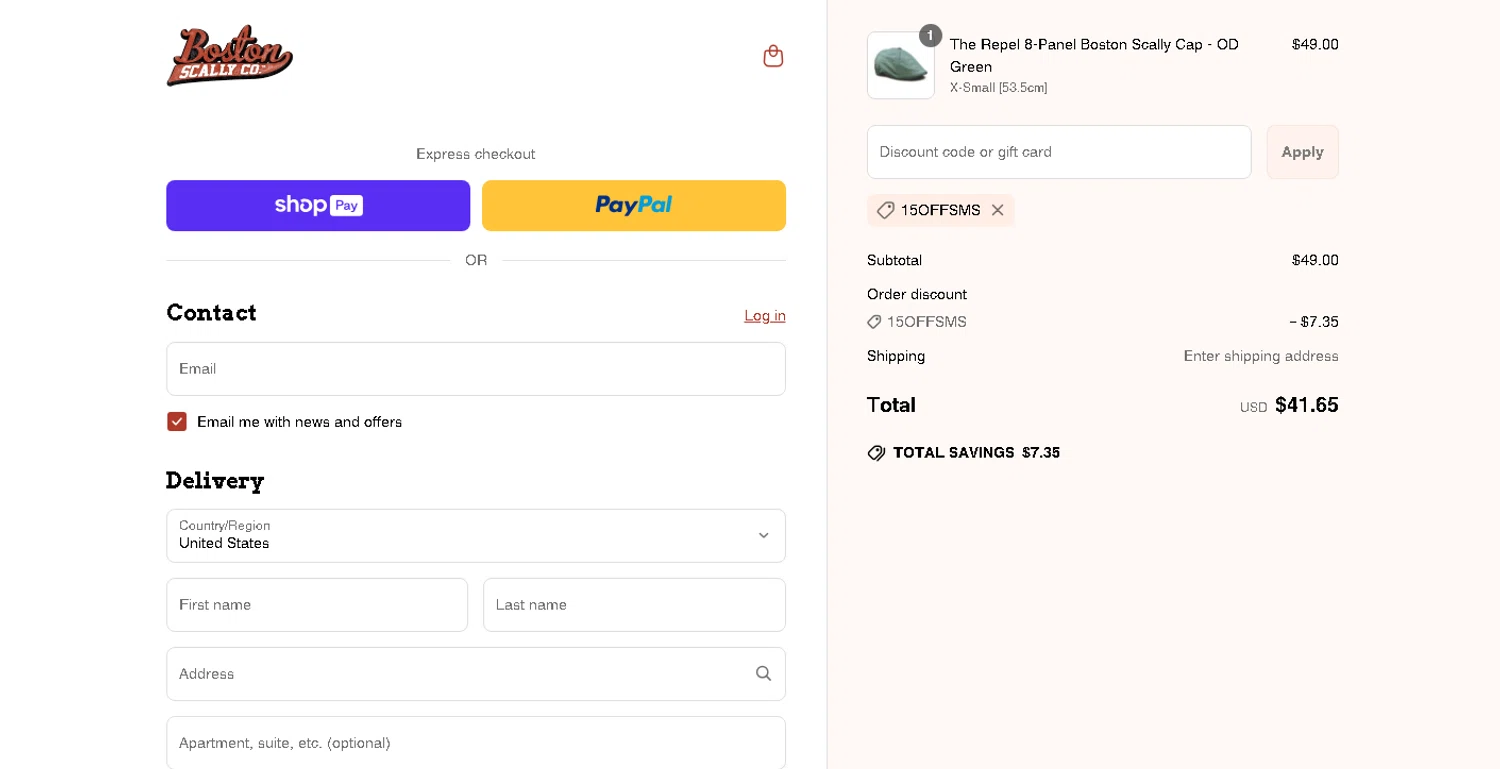 Boston Scally discount code screenshot showing code 15OFFSMS applied at Boston Scally checkout page. Uploaded by SimplyCodes community member Jnueel_13 on Apr 3, 2025