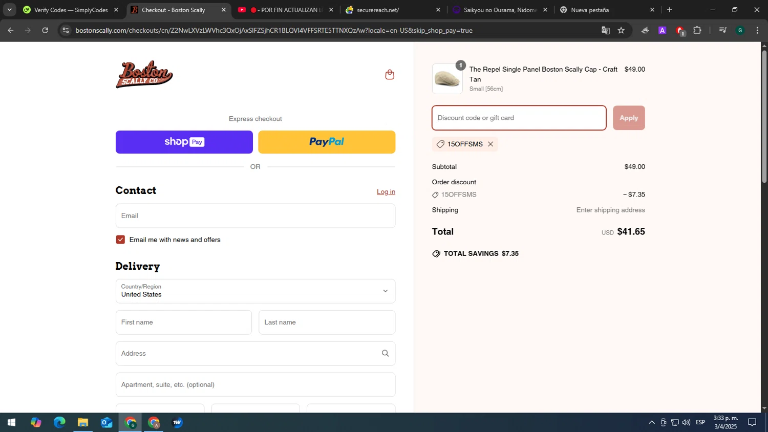 Boston Scally discount code screenshot showing code 15OFFSMS applied at Boston Scally checkout page. Uploaded by SimplyCodes community member tonikros on Apr 3, 2025