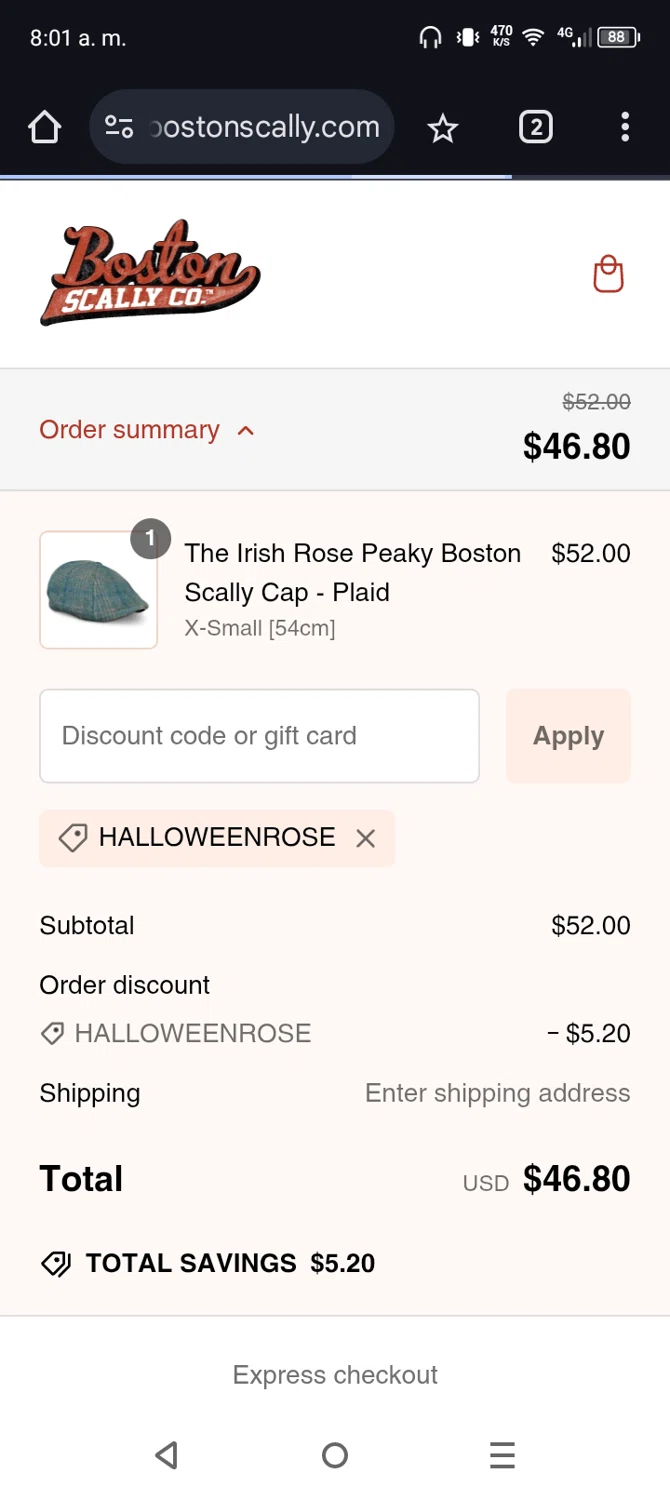 Boston Scally discount code screenshot showing code HALLOWEENROSE applied at Boston Scally checkout page. Uploaded by SimplyCodes community member NobleScholar4826 on Jan 4, 2025