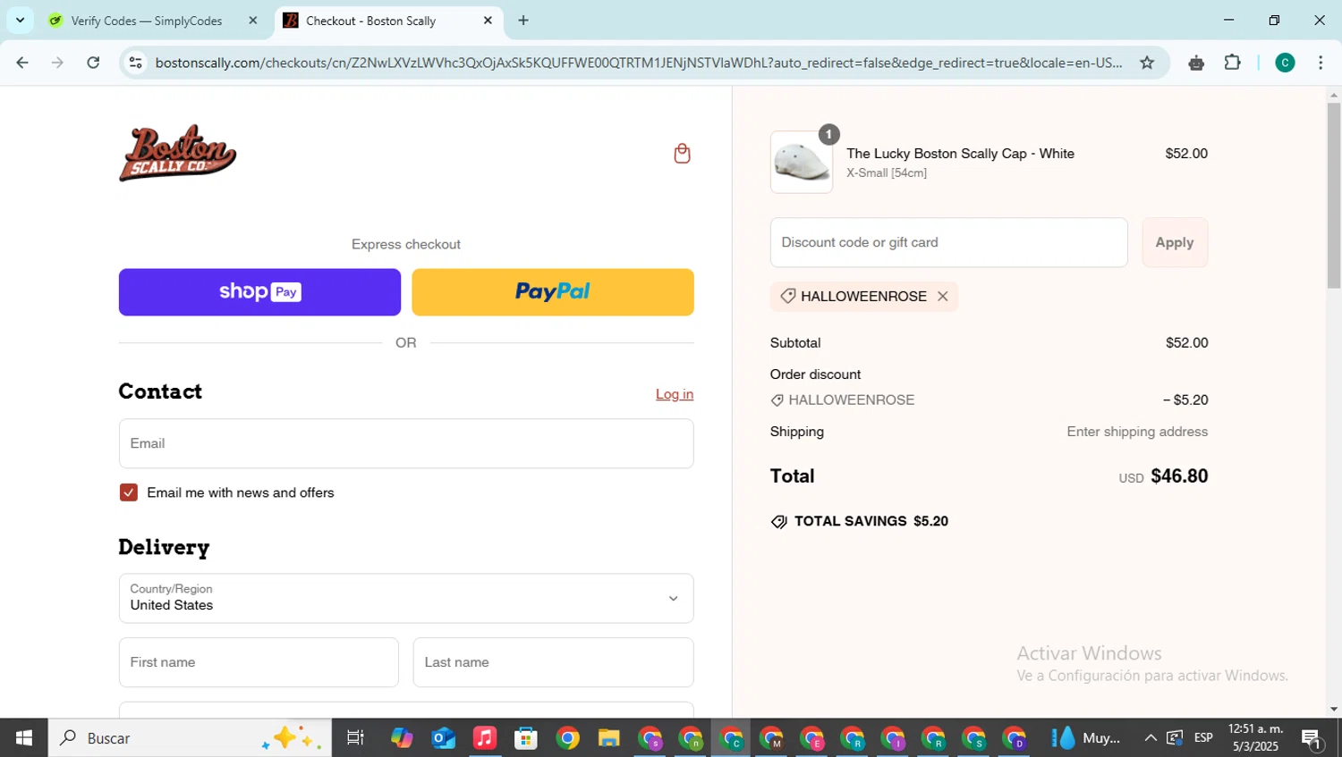 Boston Scally discount code screenshot showing code HALLOWEENROSE applied at Boston Scally checkout page. Uploaded by SimplyCodes community member BonusPilot927 on Mar 5, 2025