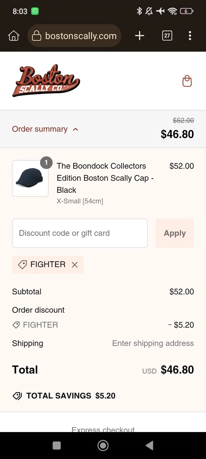 Boston Scally discount code screenshot showing code FIGHTER applied at Boston Scally checkout page. Uploaded by SimplyCodes community member RomeoSantos on Jan 4, 2025