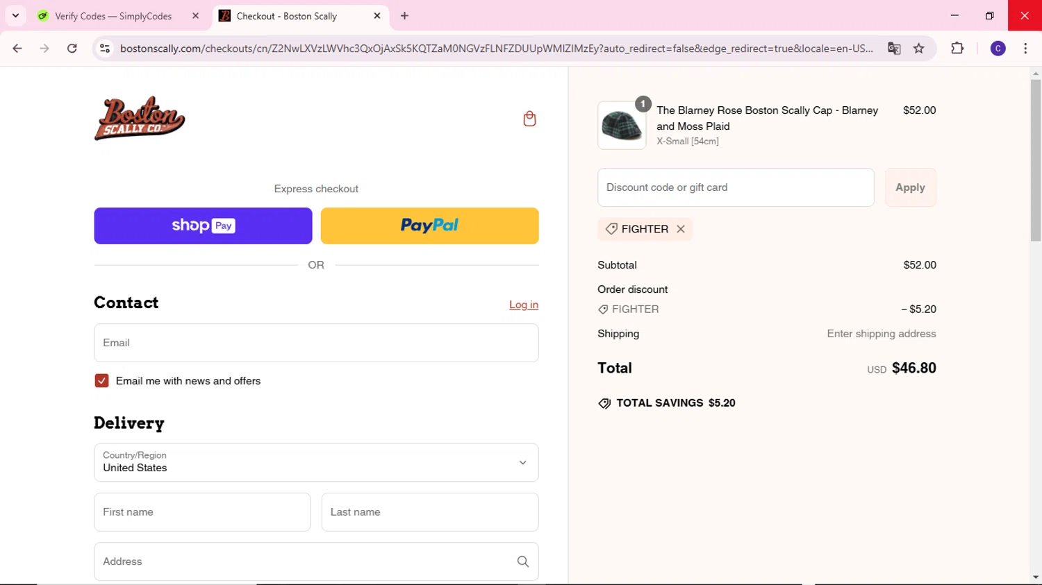 Boston Scally discount code screenshot showing code FIGHTER applied at Boston Scally checkout page. Uploaded by SimplyCodes community member MoneyWizard2699 on Mar 5, 2025