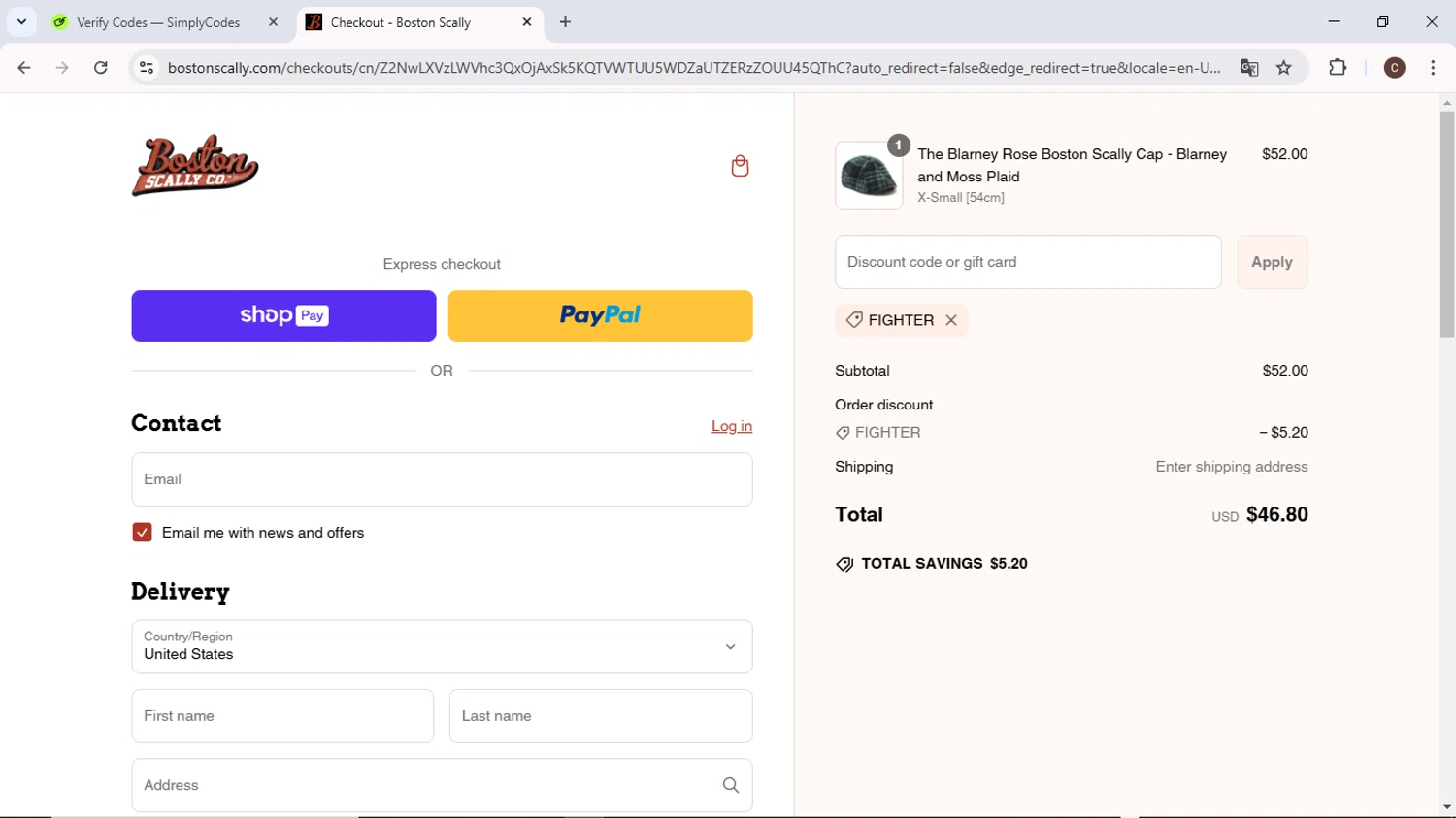 Boston Scally discount code screenshot showing code FIGHTER applied at Boston Scally checkout page. Uploaded by SimplyCodes community member MoneyPilot9634 on Mar 5, 2025