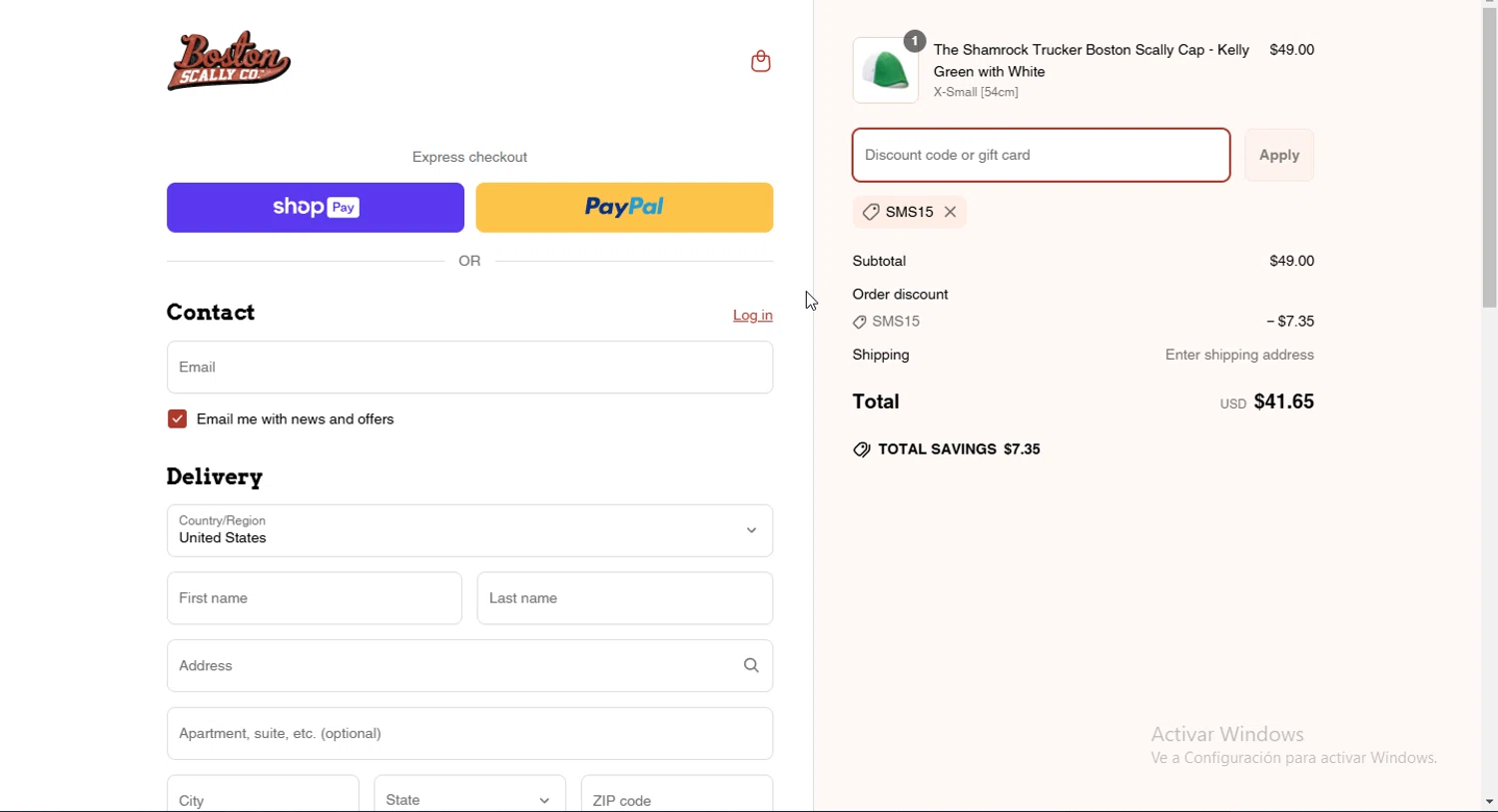 Boston Scally discount code screenshot showing code SMS15 applied at Boston Scally checkout page. Uploaded by SimplyCodes community member Heibk201 on Mar 17, 2025