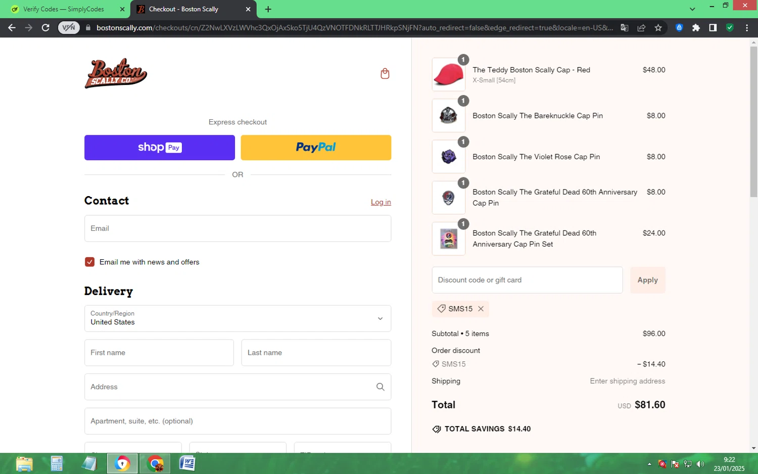 Boston Scally discount code screenshot showing code SMS15 applied at Boston Scally checkout page. Uploaded by SimplyCodes community member EpicHero3429 on Jan 23, 2025