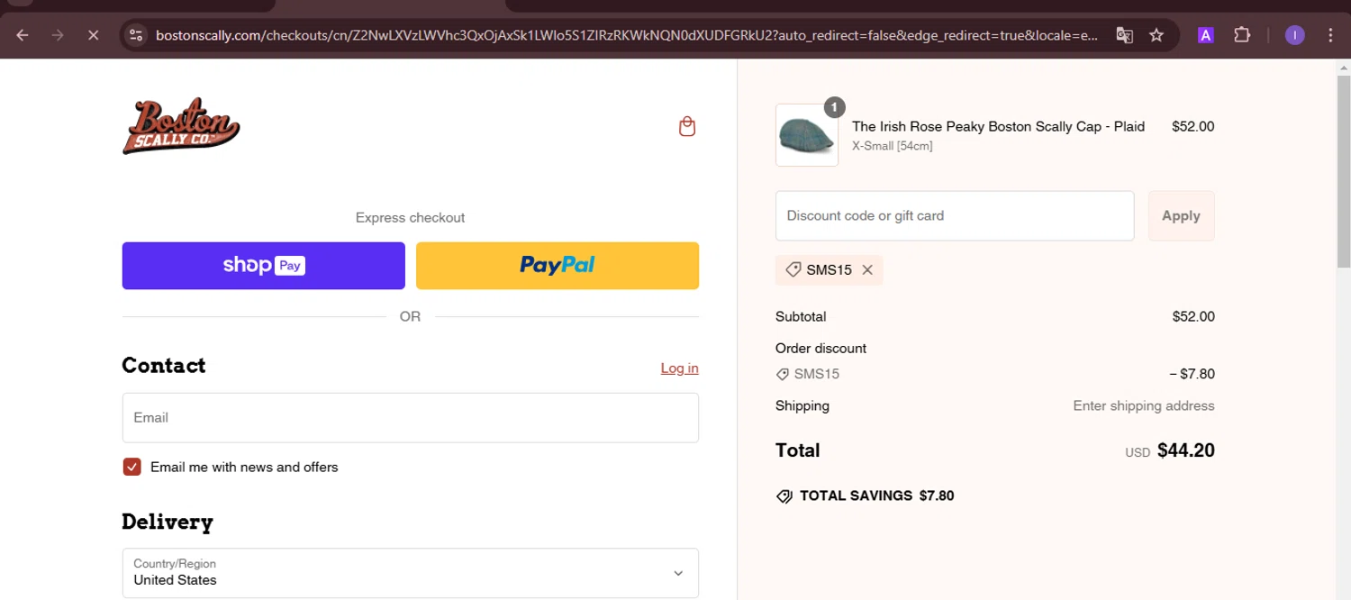 Boston Scally discount code screenshot showing code SMS15 applied at Boston Scally checkout page. Uploaded by SimplyCodes community member joineds on Feb 21, 2025