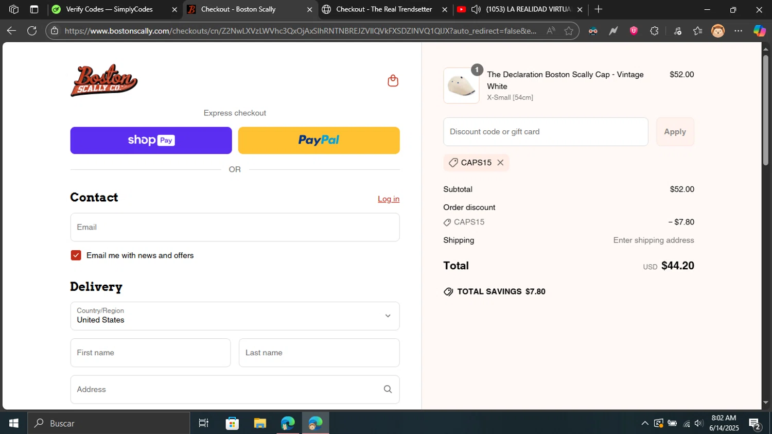 Boston Scally discount code screenshot showing code CAPS15 applied at Boston Scally checkout page. Uploaded by SimplyCodes community member Blackleg_Sanji on Jun 14, 2025