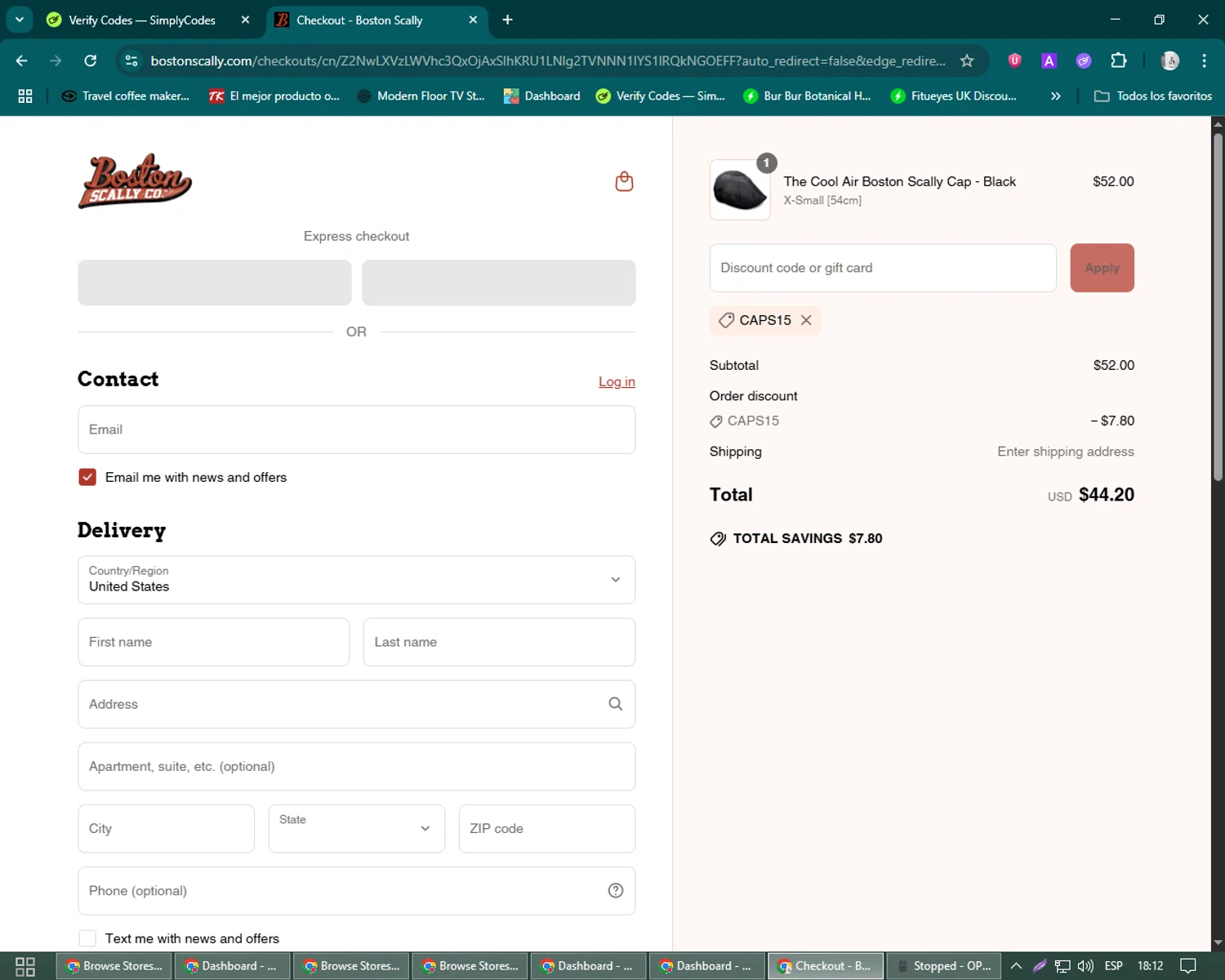 Boston Scally discount code screenshot showing code CAPS15 applied at Boston Scally checkout page. Uploaded by SimplyCodes community member John_Johnson on Jun 12, 2025