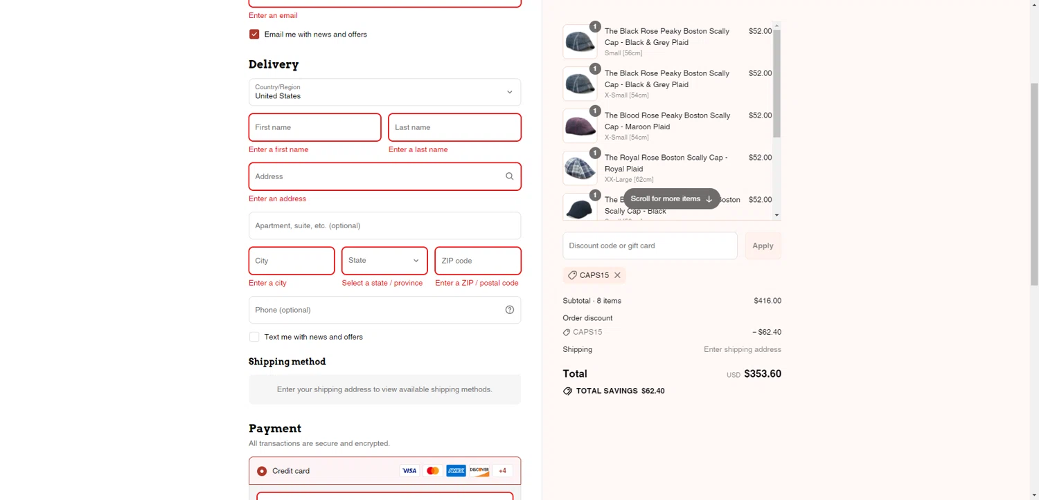 Boston Scally discount code screenshot showing code CAPS15 applied at Boston Scally checkout page. Uploaded by SimplyCodes community member ValiantAce1810 on Jul 27, 2025