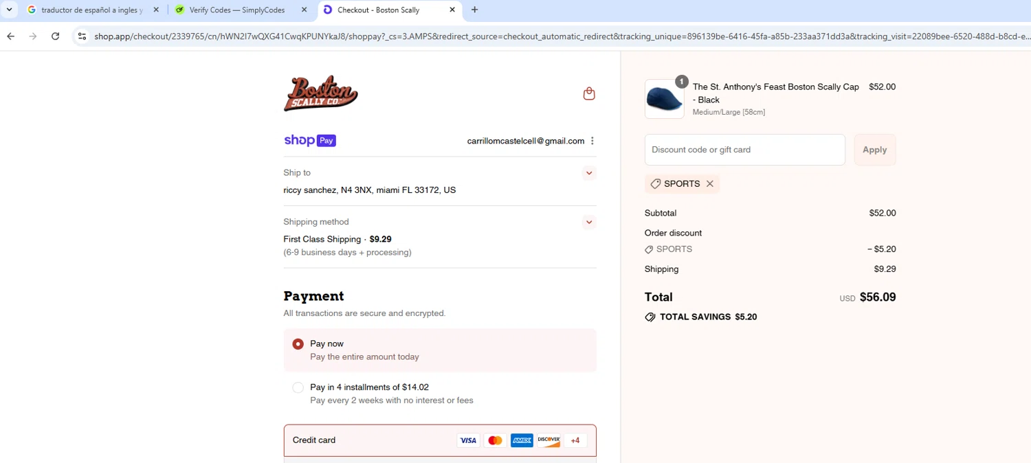 Boston Scally discount code screenshot showing code sports applied at Boston Scally checkout page. Uploaded by SimplyCodes community member MightyMaven4946 on Aug 27, 2025