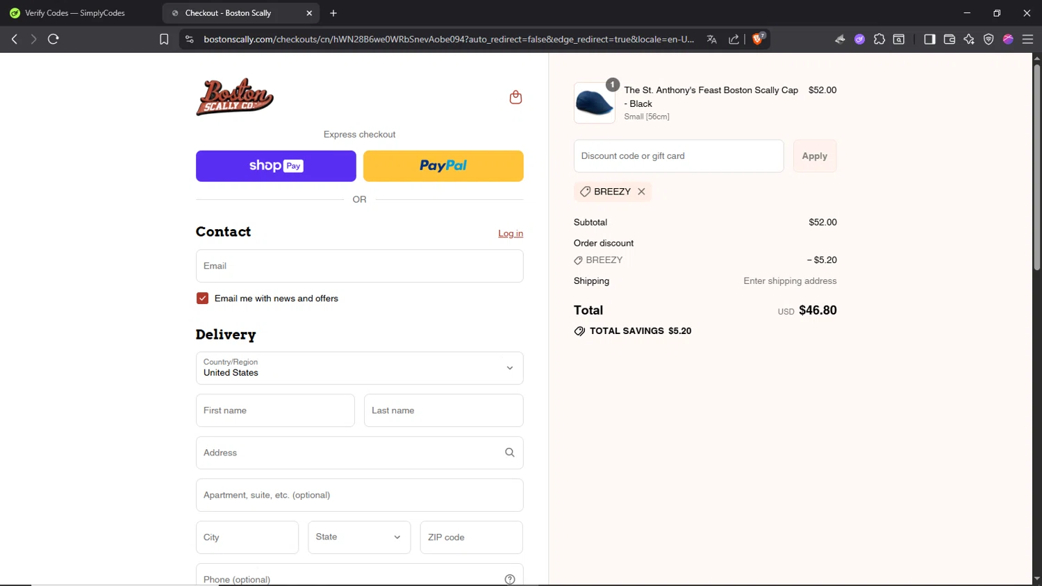 Boston Scally discount code screenshot showing code BREEZY applied at Boston Scally checkout page. Uploaded by SimplyCodes community member Morrachida04 on Aug 23, 2025
