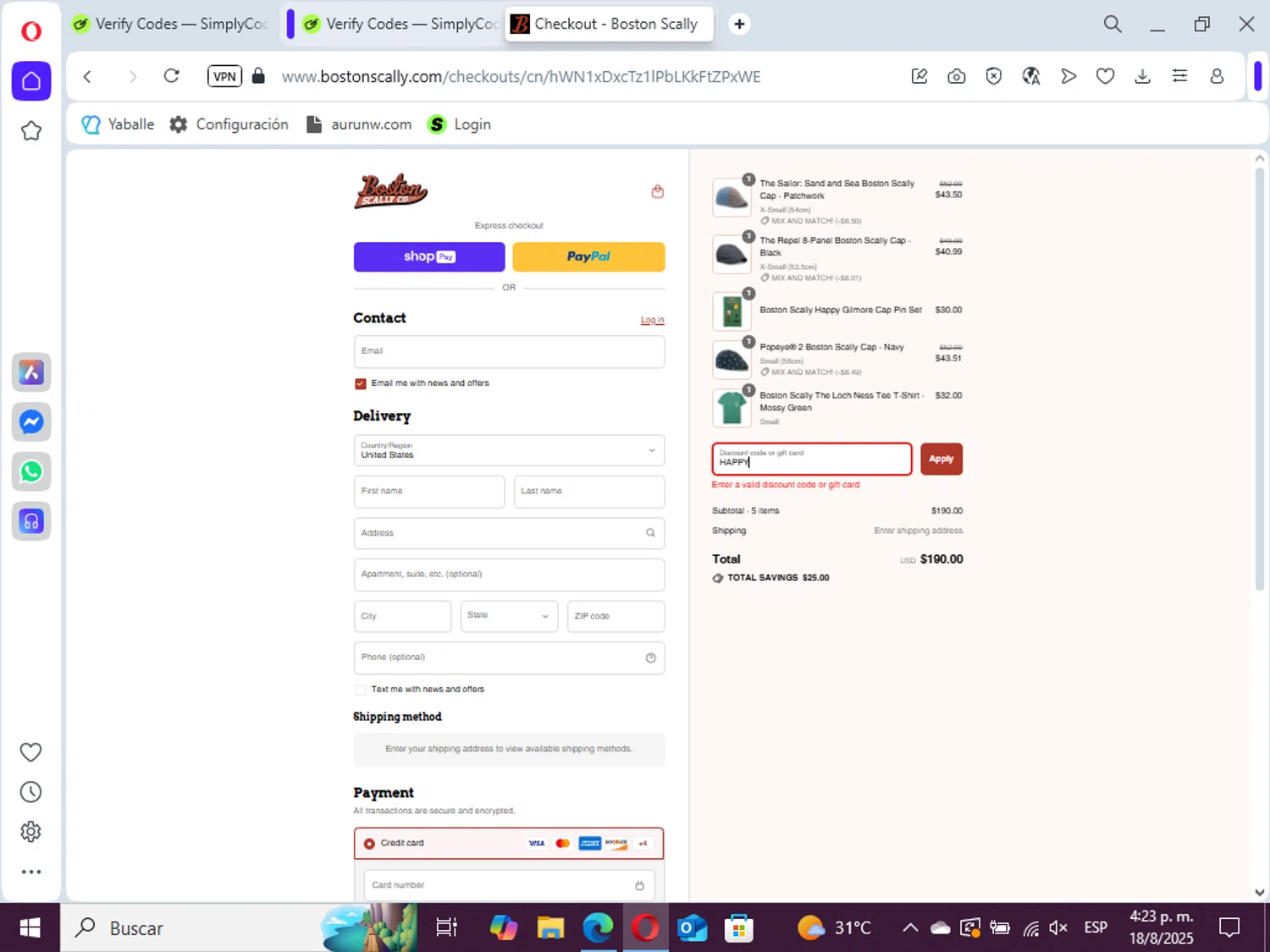 Boston Scally discount code screenshot showing code HAPPY applied at Boston Scally checkout page. Uploaded by SimplyCodes community member Denievelyspereira on Aug 18, 2025