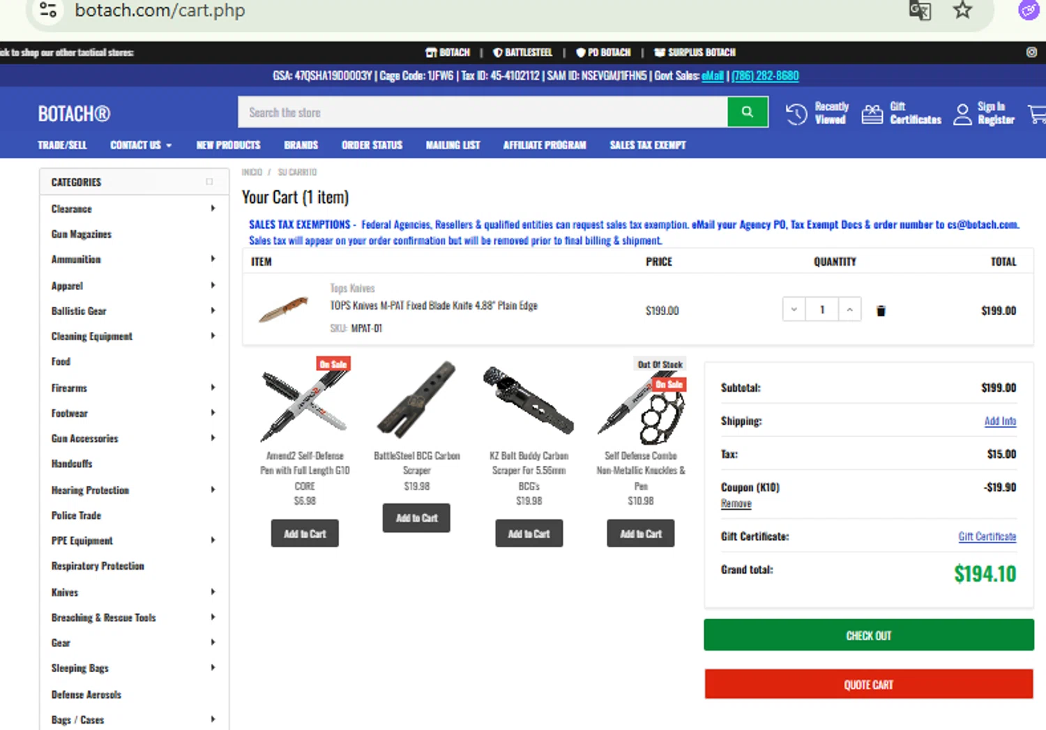 Botach coupon code screenshot showing code k10 applied at Botach checkout page. Uploaded by SimplyCodes community member CashMaestro9337 on Jul 20, 2025