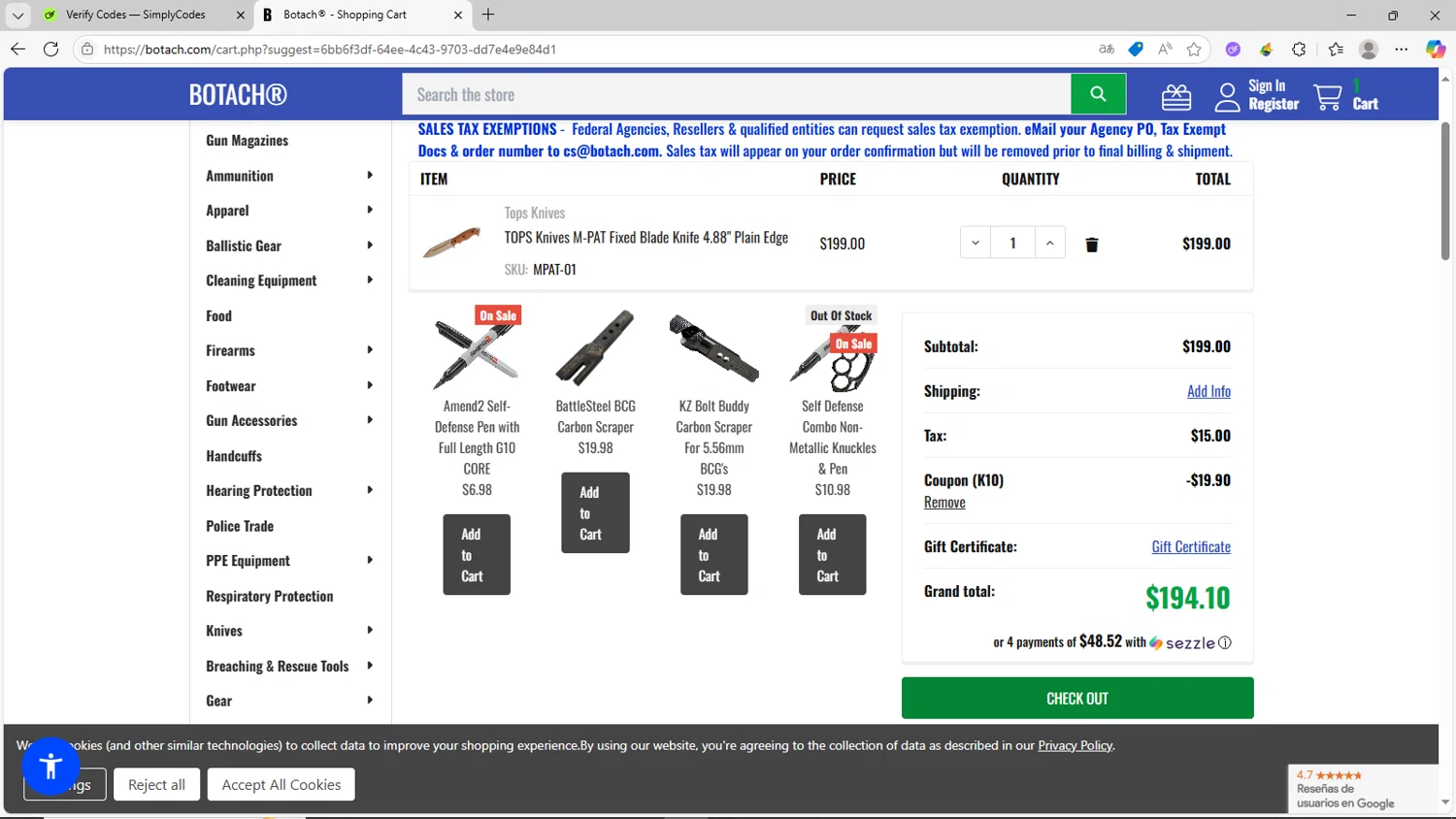 Botach coupon code screenshot showing code k10 applied at Botach checkout page. Uploaded by SimplyCodes community member CrownShopper2899 on Jul 20, 2025
