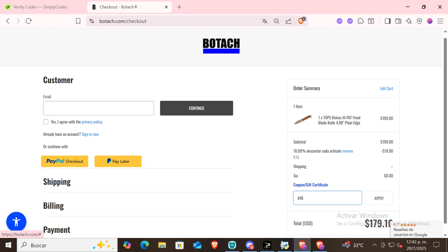 Botach coupon code screenshot showing code k10 applied at Botach checkout page. Uploaded by SimplyCodes community member SKAYNE2 on Jul 20, 2025