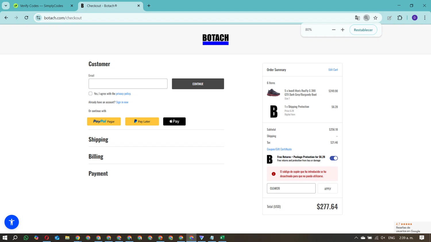 Botach coupon code screenshot showing code CLEAR20 applied at Botach checkout page. Uploaded by SimplyCodes community member Angeles23 on Aug 17, 2025